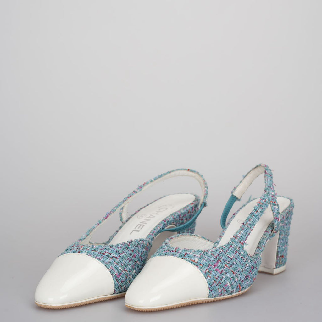 Chanel tweed slingback Tiffany blue pumps 38
