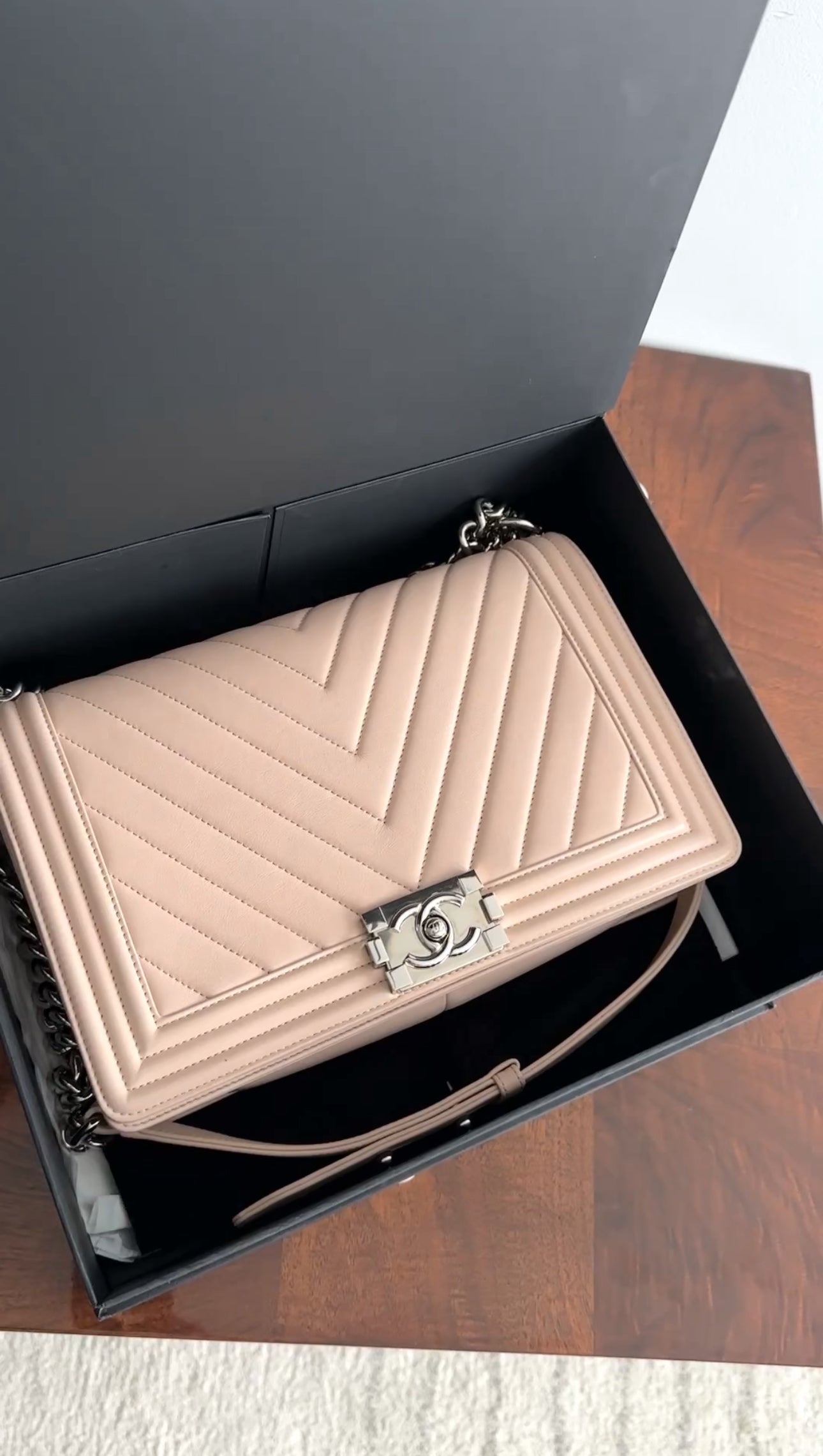 Chanel Nude Beige Chevron Quilted Leather Large Le Boy Bag