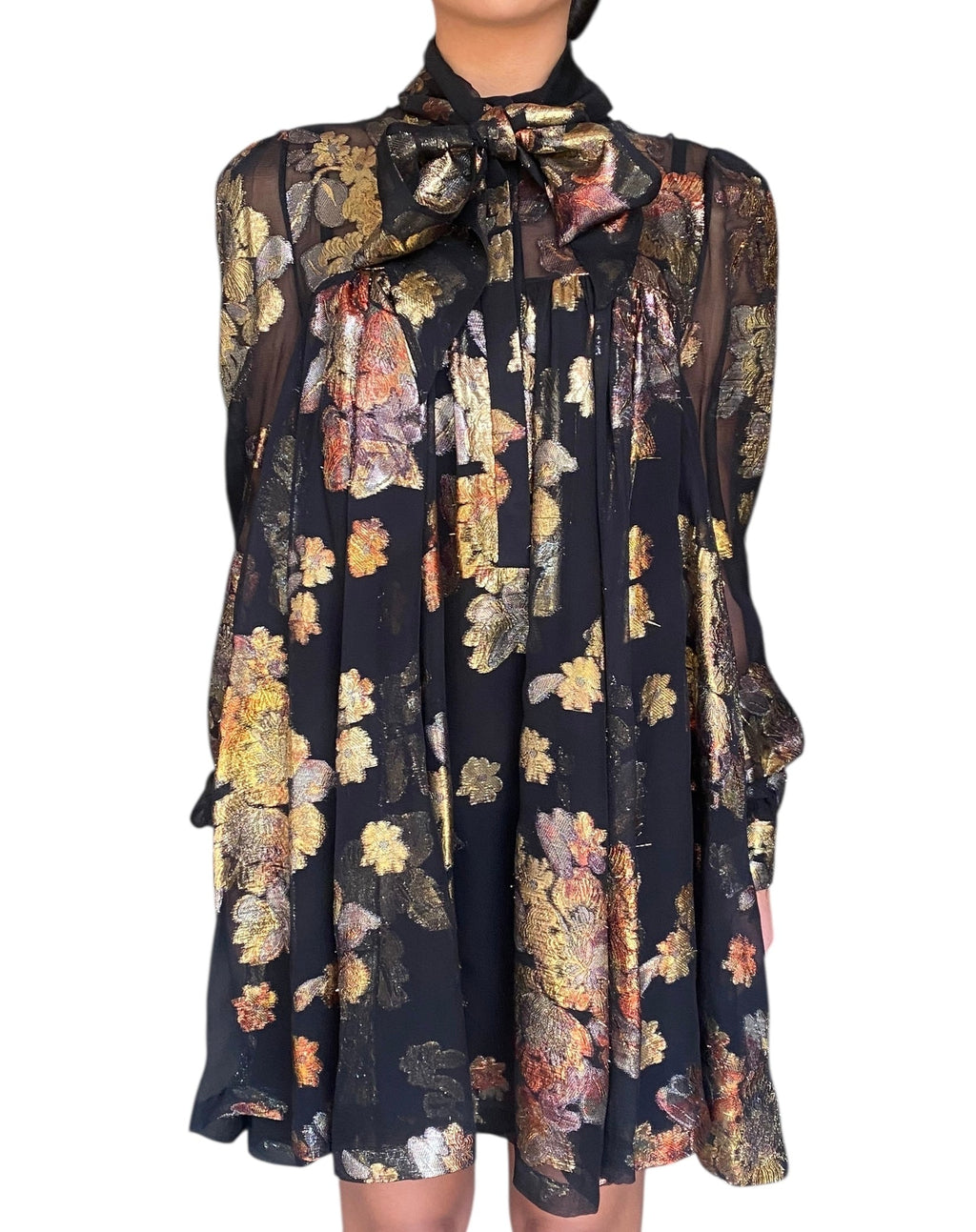 Saint Laurent Black Floral Silk Jacquard Mini Flared Dress - 40
