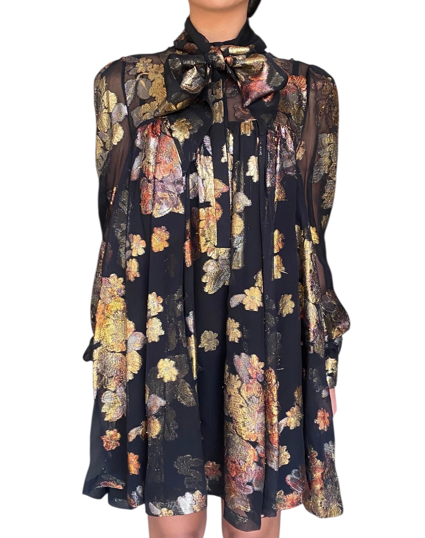 Saint Laurent Black Floral Silk Jacquard Mini Flared Dress - 40