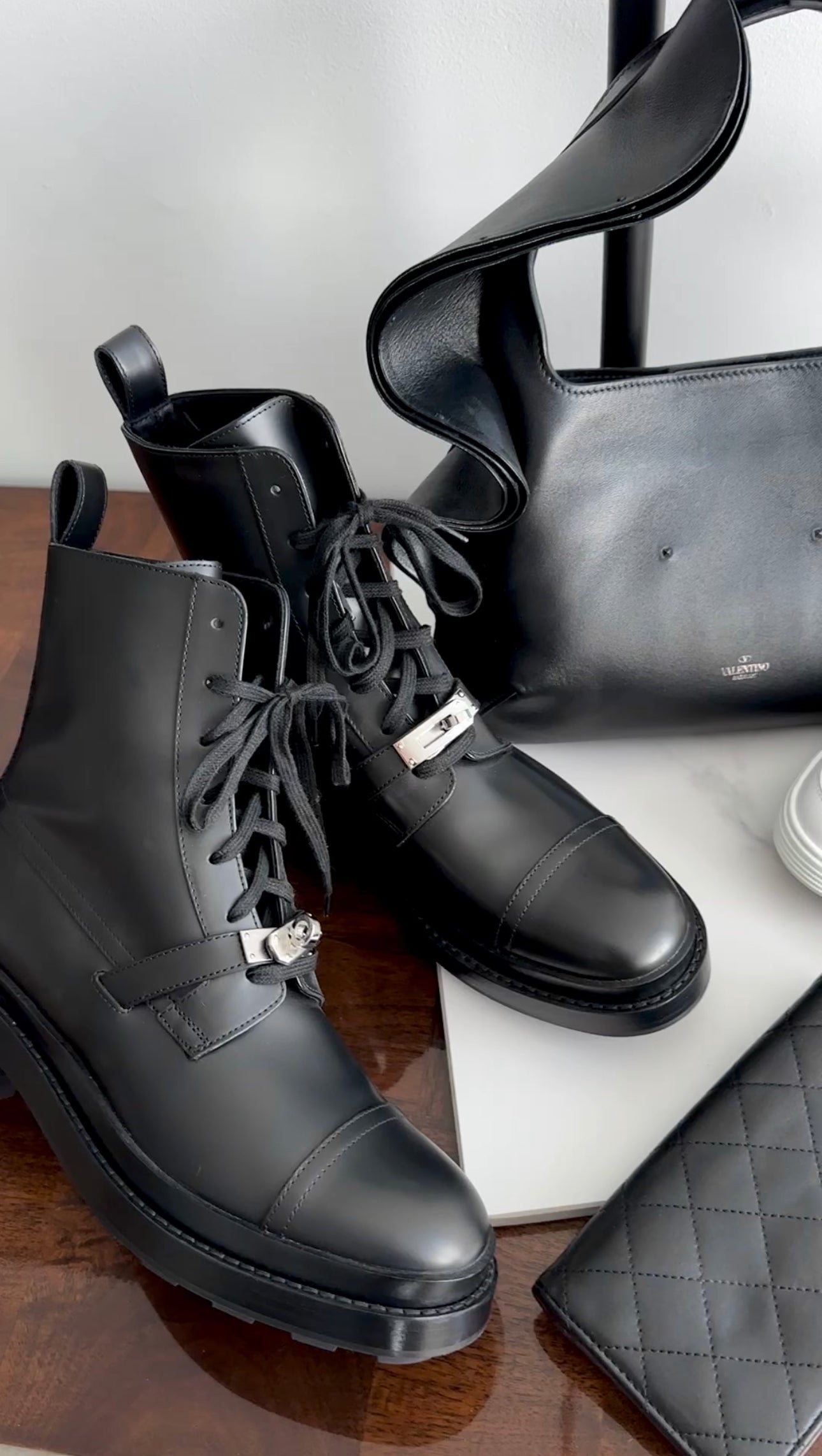 Hermes Black Glossed Leather Lace Up Funk Ankle Boot - USA 7