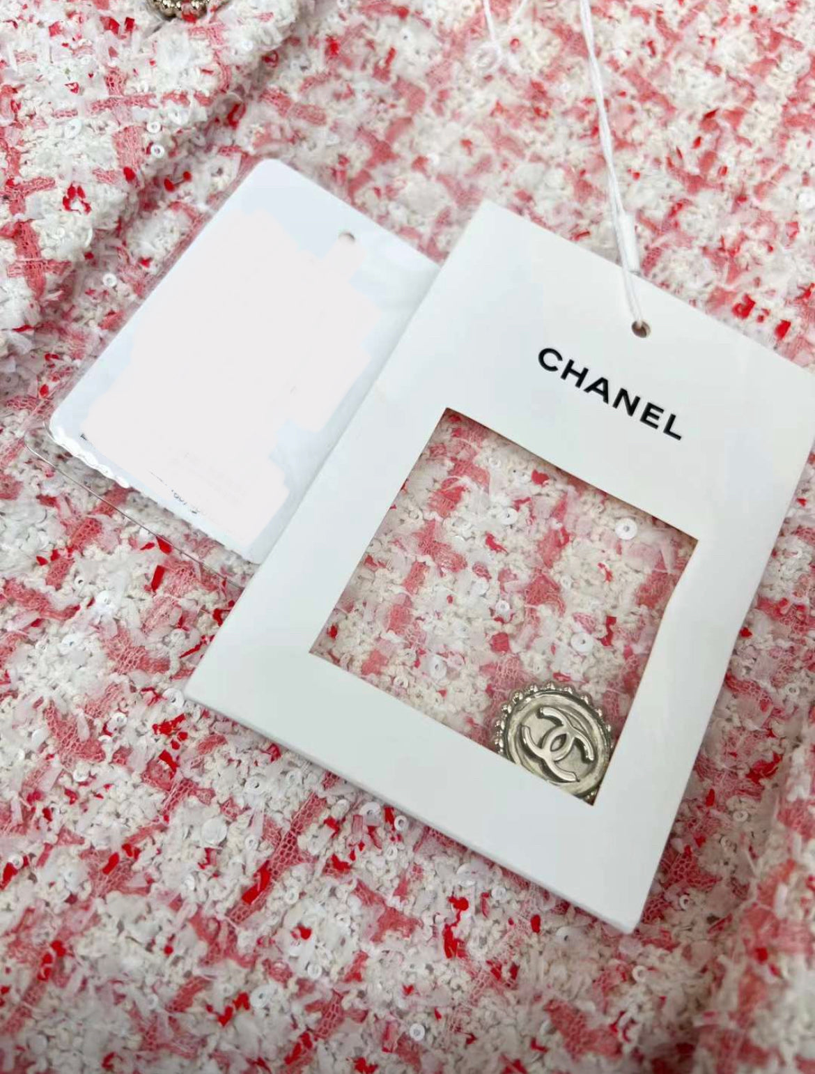 Chanel 24p pink tweed jacket with sequin CC logo pockets size 36