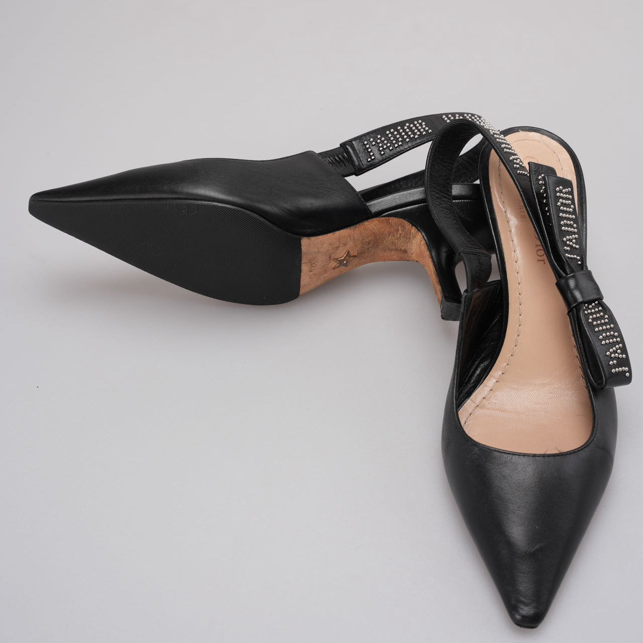 Christian Dior Black Leather Studded J'adior Slingback Pumps Size 37.5