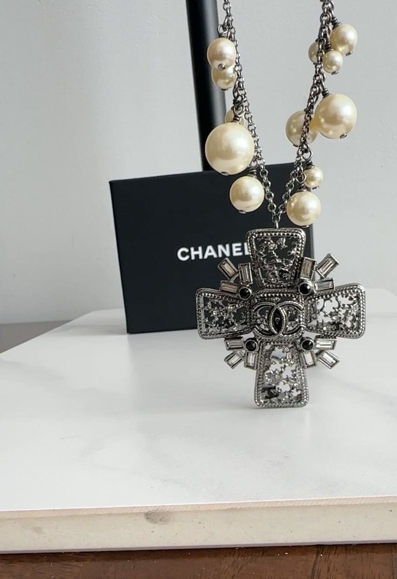 Chanel 10C Pearl and Crystal Grey CC Cross Necklace