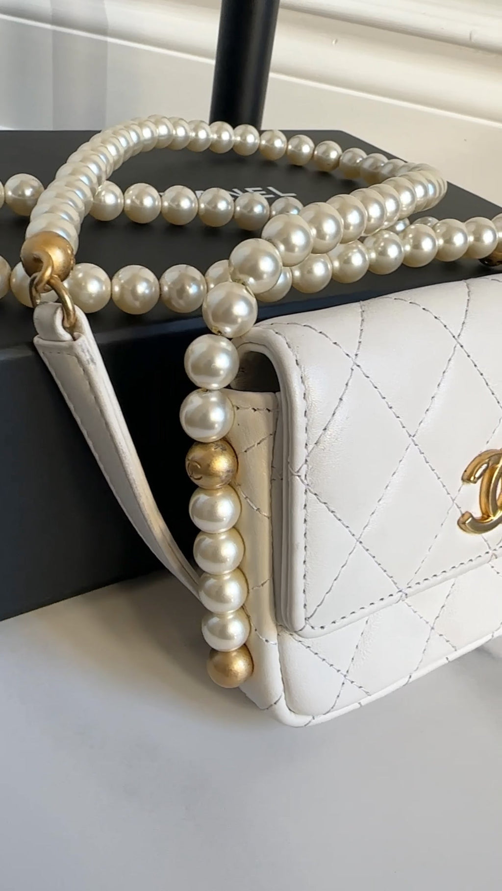 Chanel Ivory White About Pearls Mini  Holder on Strap