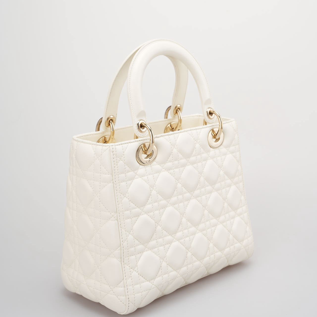Christian Dior White Medium Lady Dior Bag in Cannage Lambskin Leather with Gold Hardware