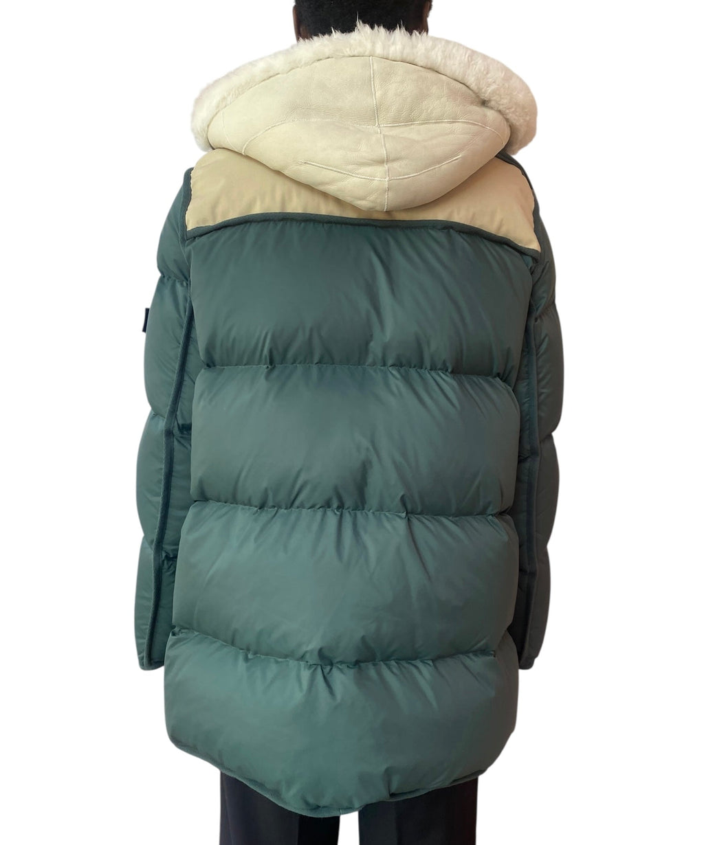 Yves Salomon Army Green & Beige Shearling Down Puffer Coat - 38 / US 6