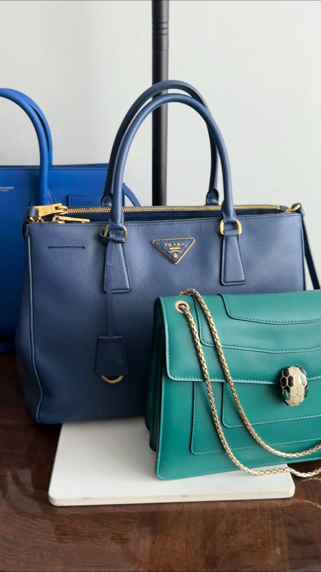 Prada Dark Blue Saffiano Leather Galleria Double Zip Large Tote Bag