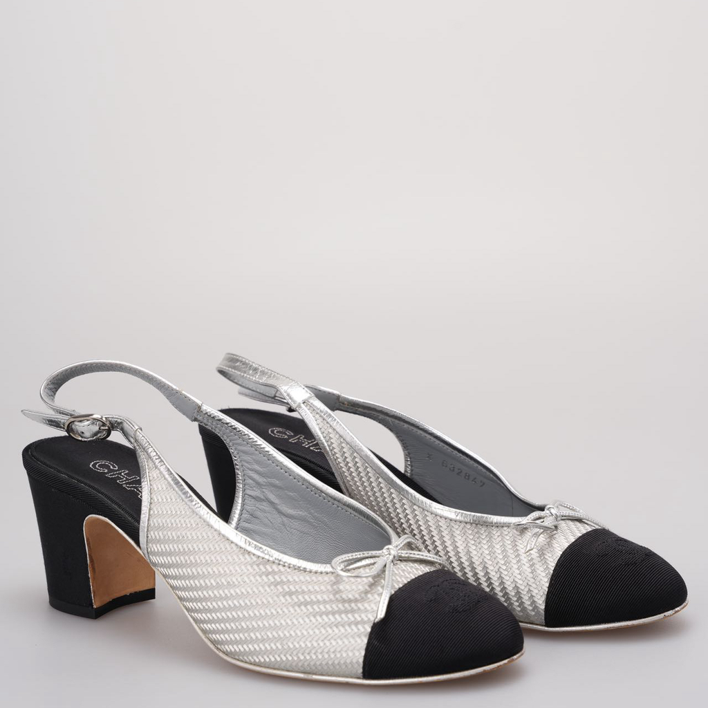 Chanel Woven Plastic Grosgrain Cap Toe CC Slingback Pumps in black and silver 39.5