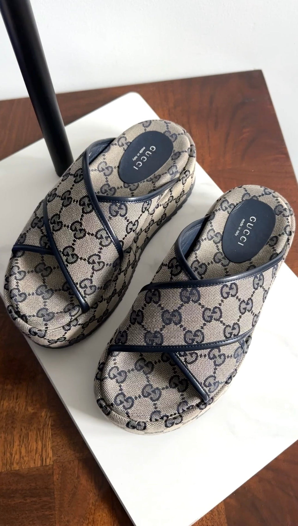 Gucci Navy Monogram Canvas Platform Sandals - 6.5