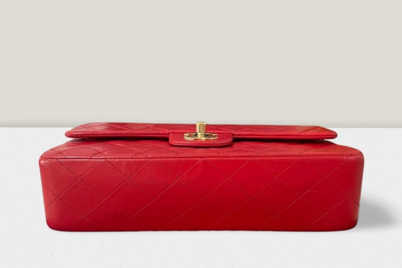 Chanel Red Vintage Classic Double Flap Bag Medium in Lambskin Leather 24K Gold Hardware