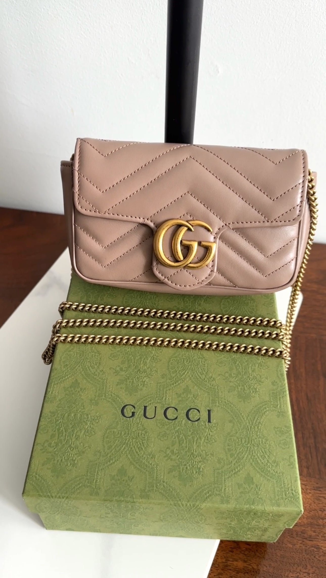 Gucci Marmont Super Mini Beige Leather Crossbody Chain Bag