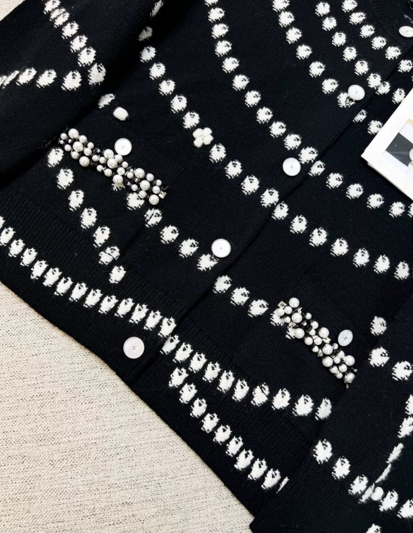 Chanel 25P Black & White Cashmere Embroidered igan