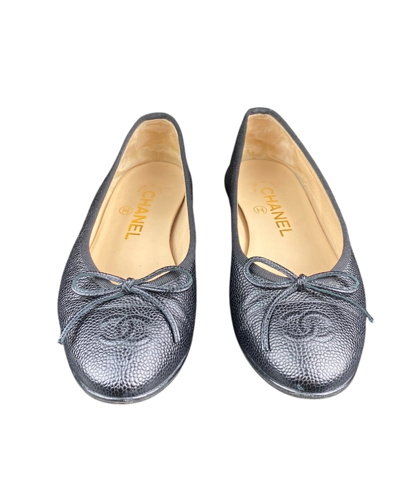 Chanel Black Leather Interlocking CC Bow Logo Flats - 35