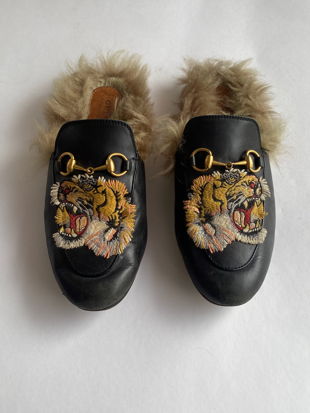 Gucci Black Horsebit Tiger Fur Mule - 36