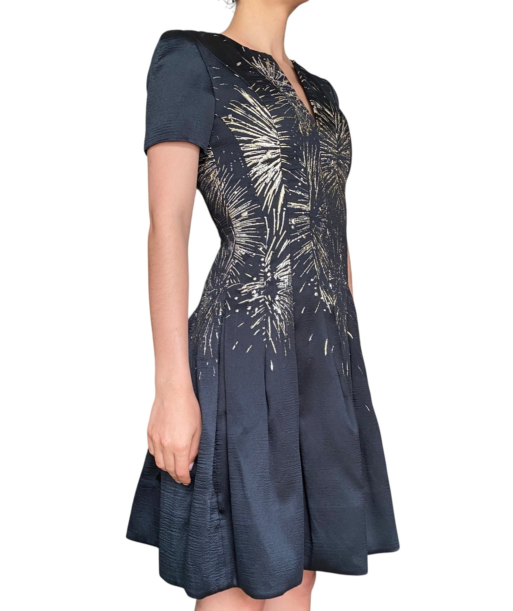 Oscar De La Renta Navy Pleated Metallic Jacquard Mini Dress - 0