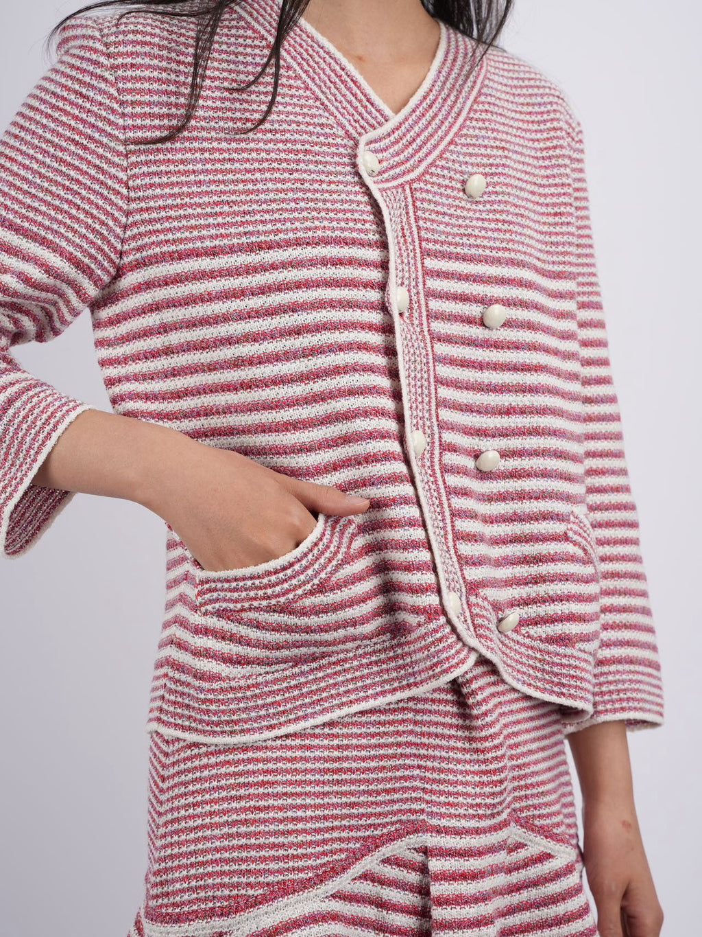 Chanel Pink White Striped Knit Jacket and Mini Skirt Suit