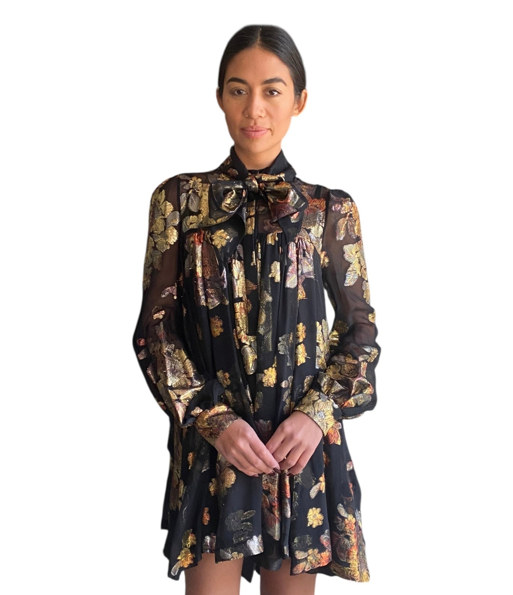 Saint Laurent Black Floral Silk Jacquard Mini Flared Dress - 40