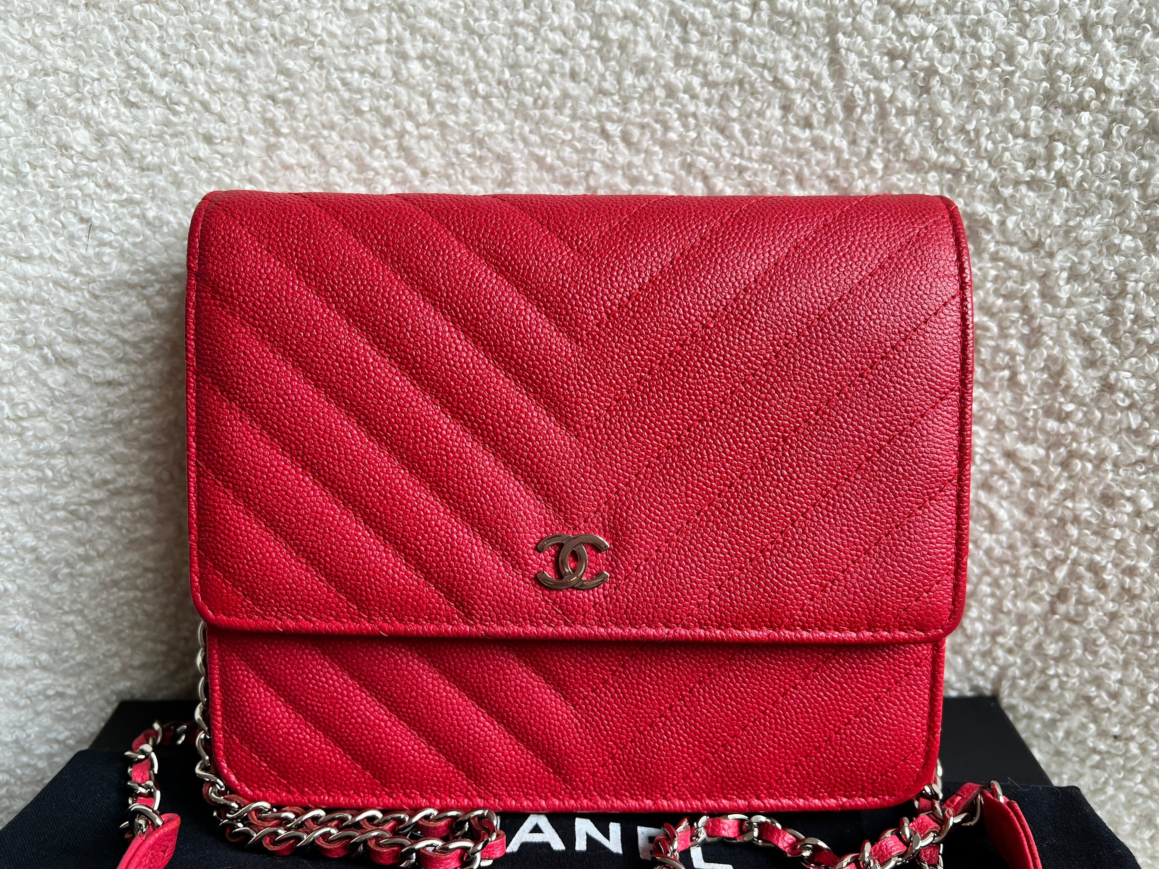 Chanel Red Caviar Chevron Square Wallet on Chain