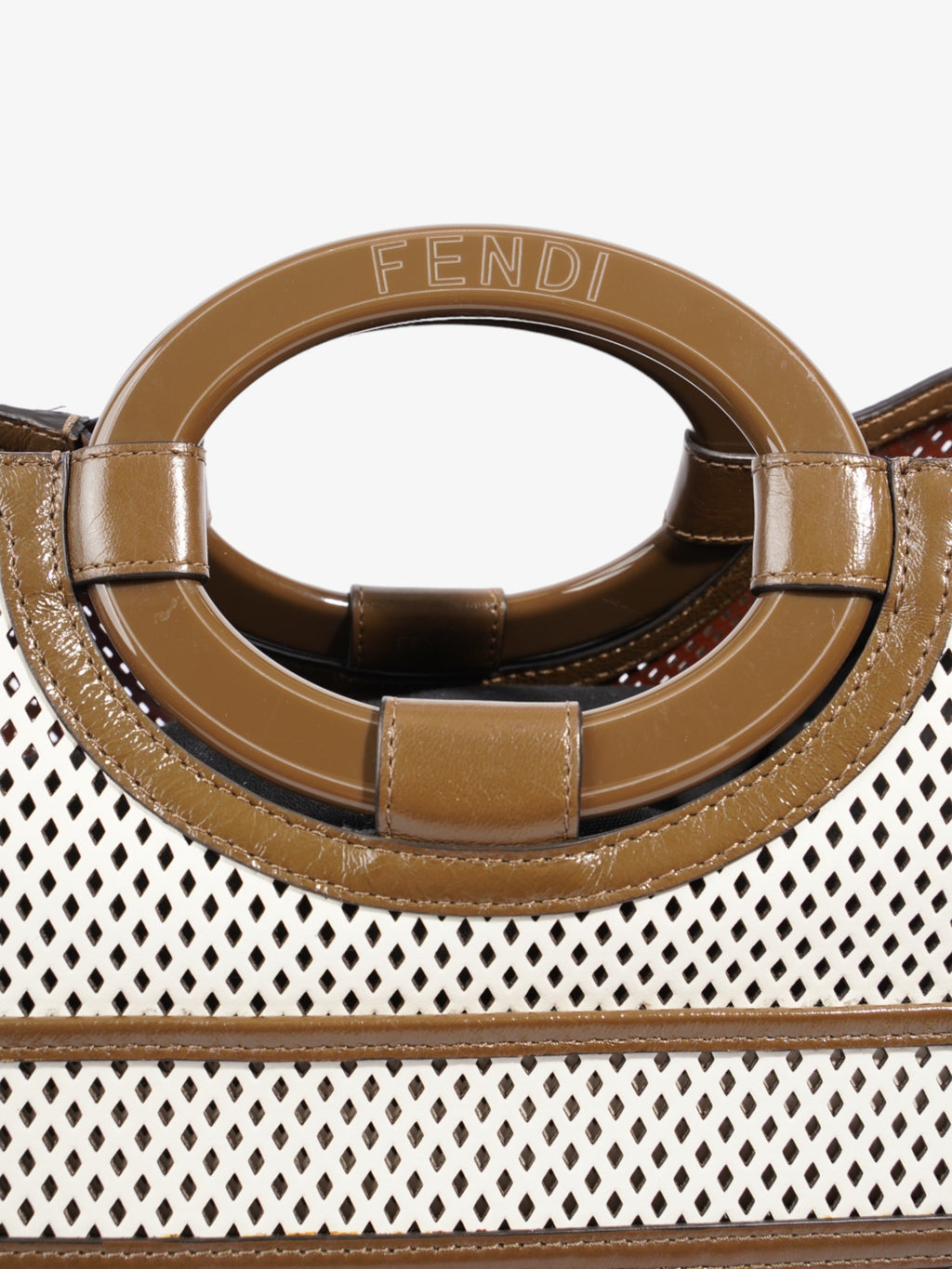 Fendi Perforated Runaway Shopper Tote White / Brown Leather Large