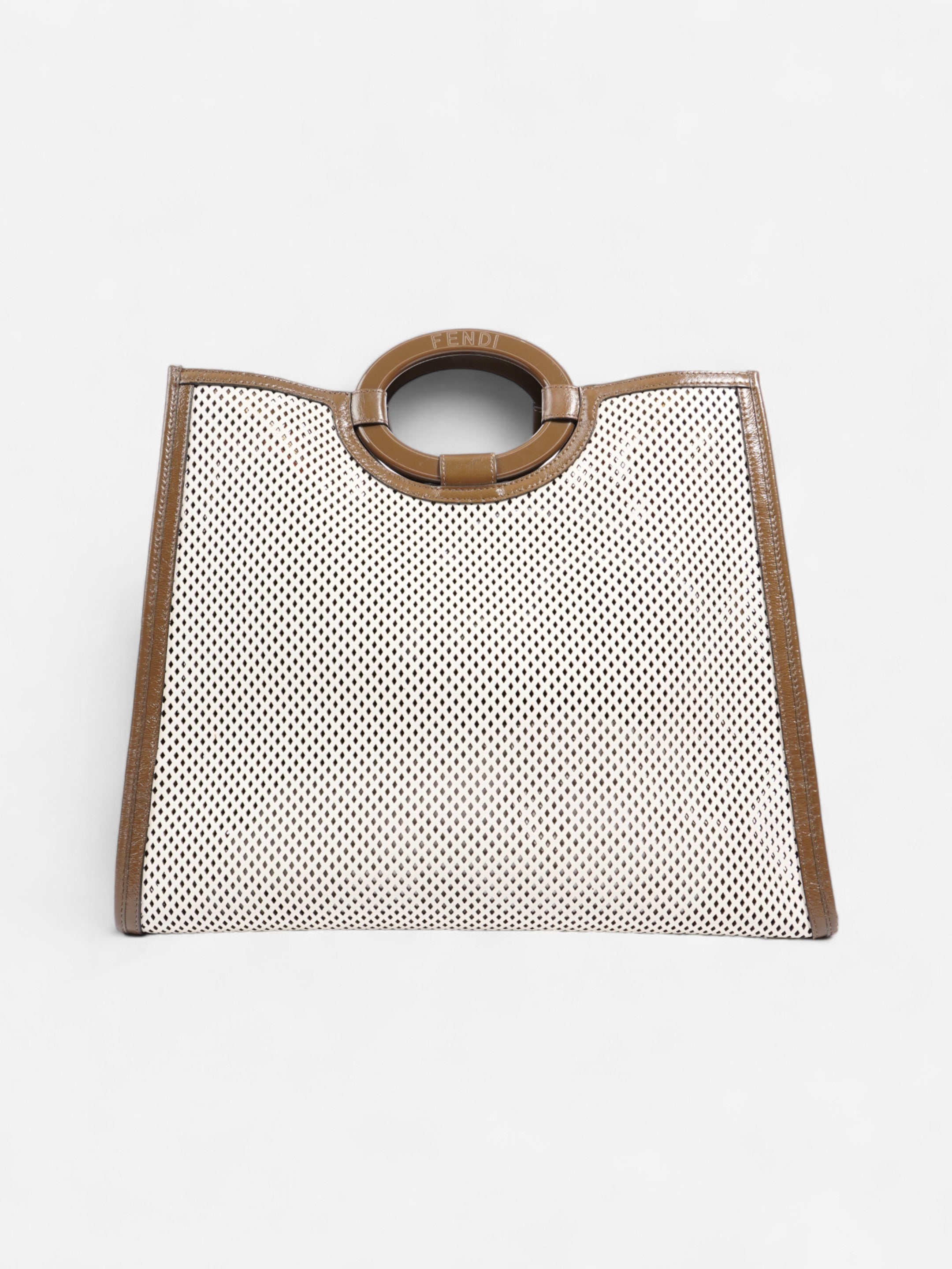 Fendi Perforated Runaway Shopper Tote White / Brown Leather Large