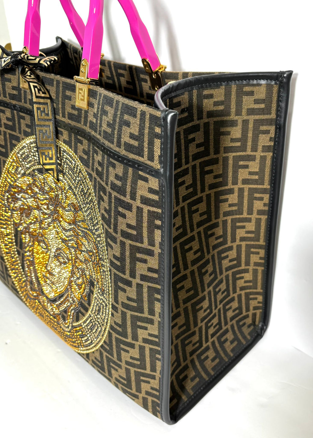 FENDACE FENDI X VERSACE ZUCCA FF MEDUSA STUDDED SUNSHINE LARGE TOTE BAG
