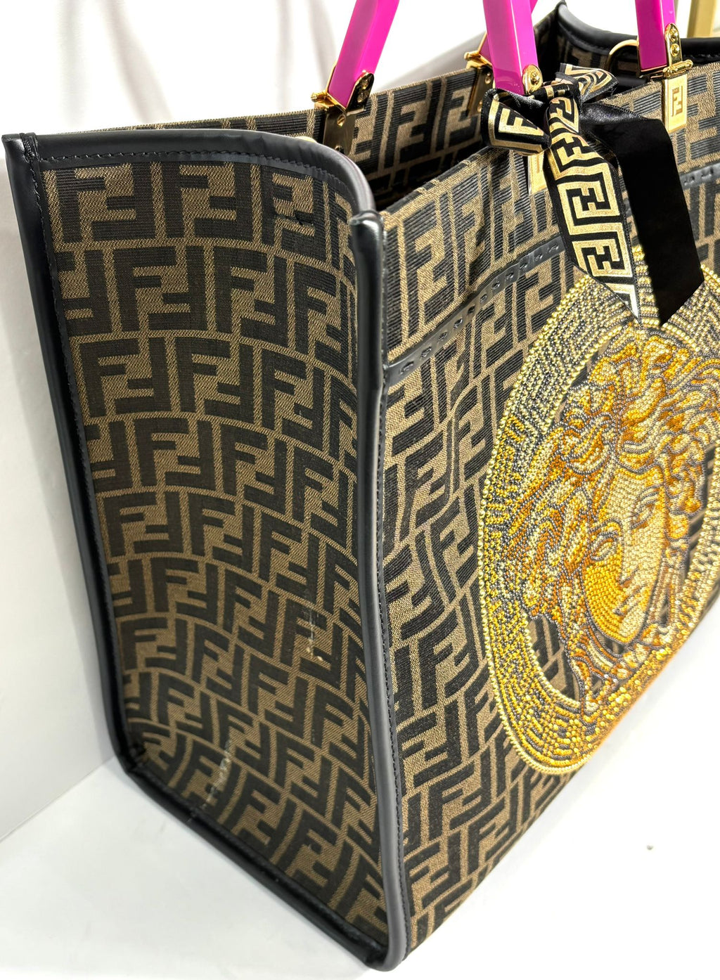 FENDACE FENDI X VERSACE ZUCCA FF MEDUSA STUDDED SUNSHINE LARGE TOTE BAG