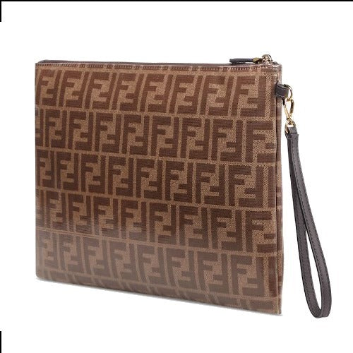 FENDI FF LOGO ZUCCA COATED CANVAS & LEATHER POUCH