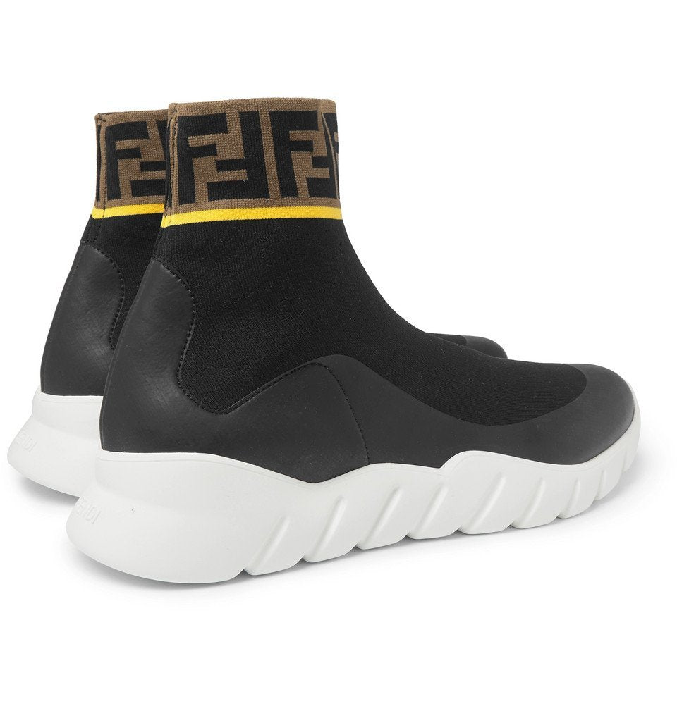 FENDI FF KNIT SOCK & LEATHER HIGH TOP SNEAKERS
