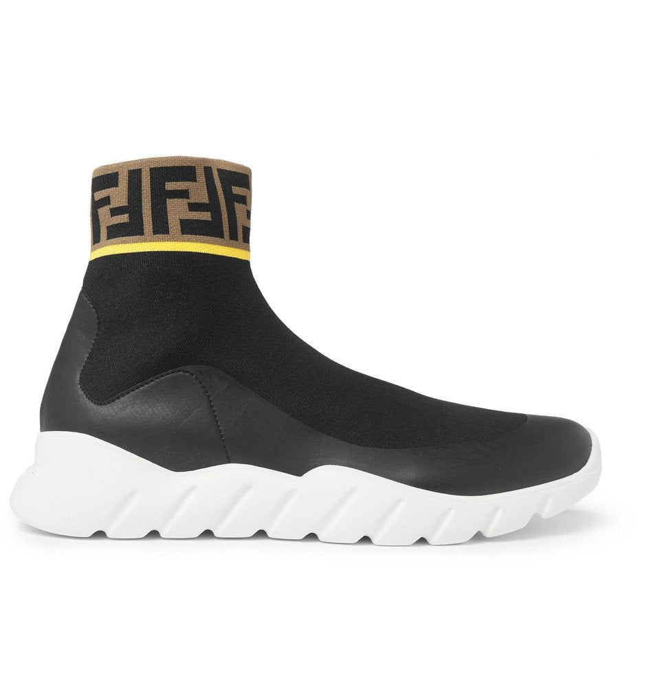 FENDI FF KNIT SOCK & LEATHER HIGH TOP SNEAKERS