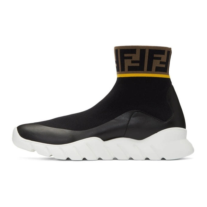 FENDI FF KNIT SOCK & LEATHER HIGH TOP SNEAKERS