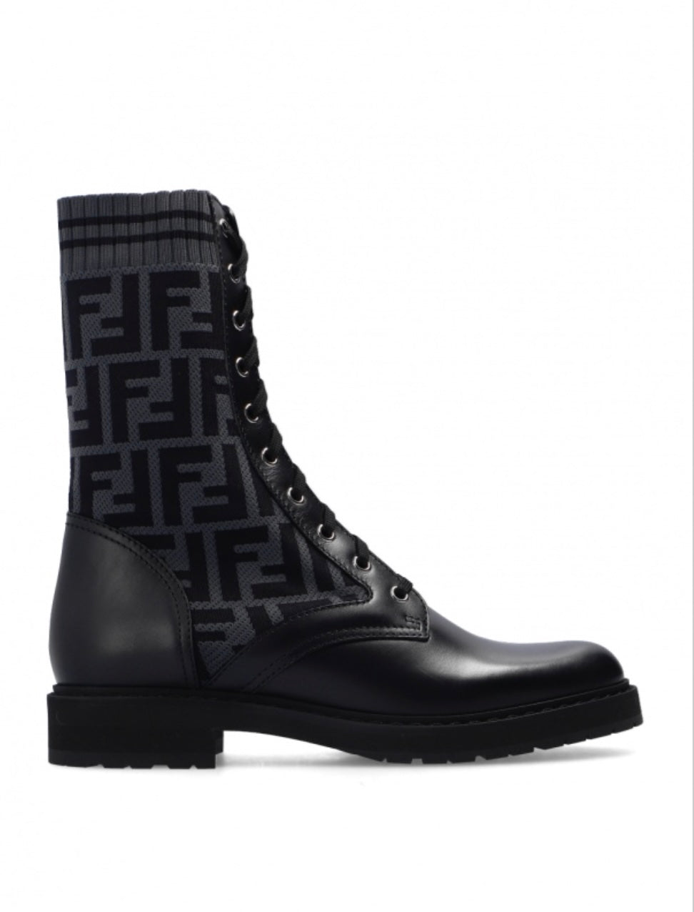 FENDI FF ZUCCA ROCKOKO LEATHER & KNIT COMBAT BOOTS