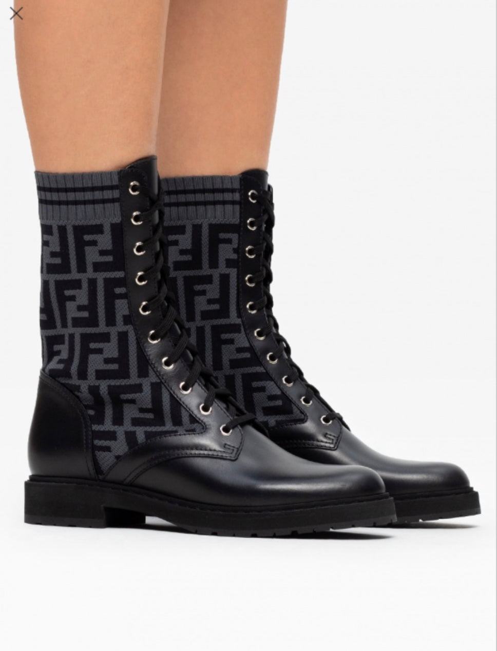 FENDI FF ZUCCA ROCKOKO LEATHER & KNIT COMBAT BOOTS