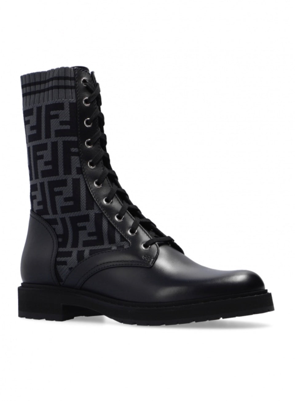 FENDI FF ZUCCA ROCKOKO LEATHER & KNIT COMBAT BOOTS
