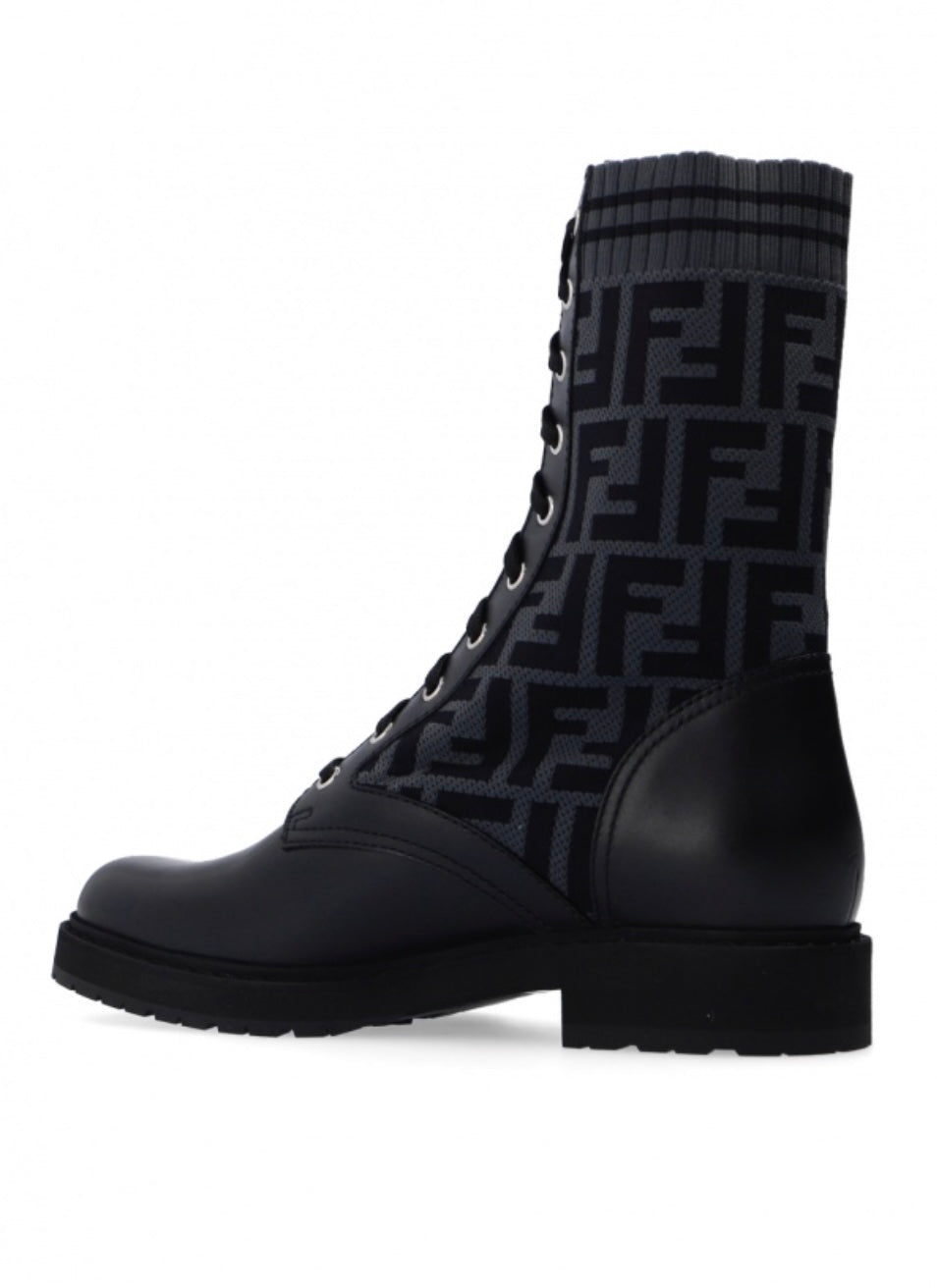 FENDI FF ZUCCA ROCKOKO LEATHER & KNIT COMBAT BOOTS
