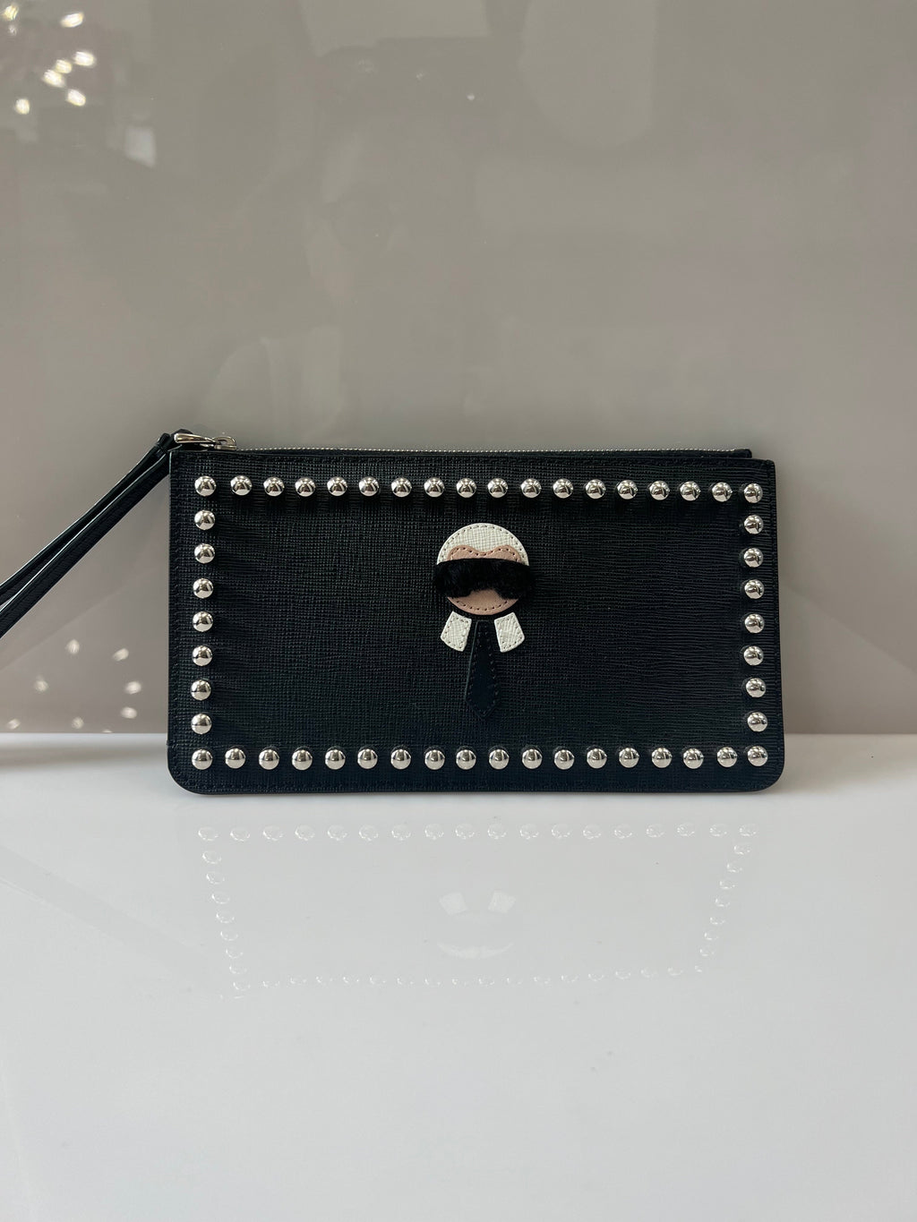FENDI SAFFIANO LEATHER KARLITO CLUTCH BAG WRISTLET