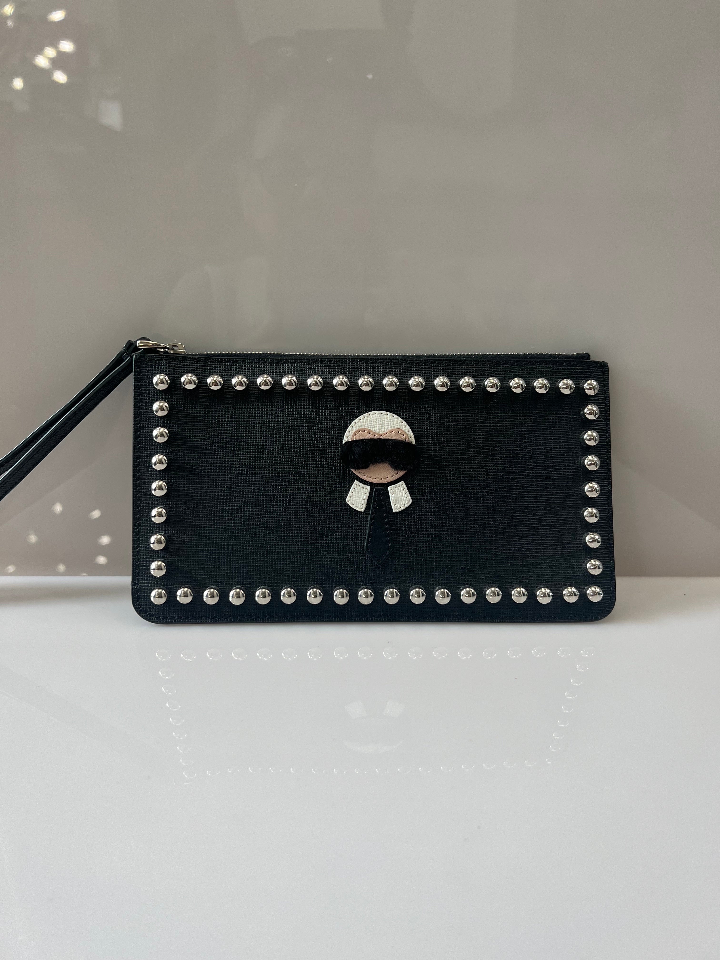 FENDI SAFFIANO LEATHER KARLITO CLUTCH BAG WRISTLET