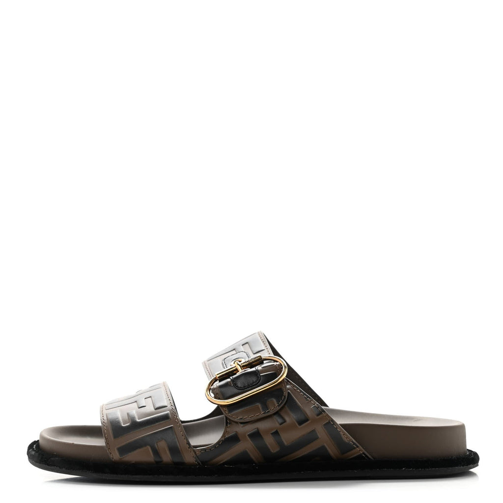 FENDI ZUCCA CALFSKIN FF EMBOSSED SLIDE SANDALS