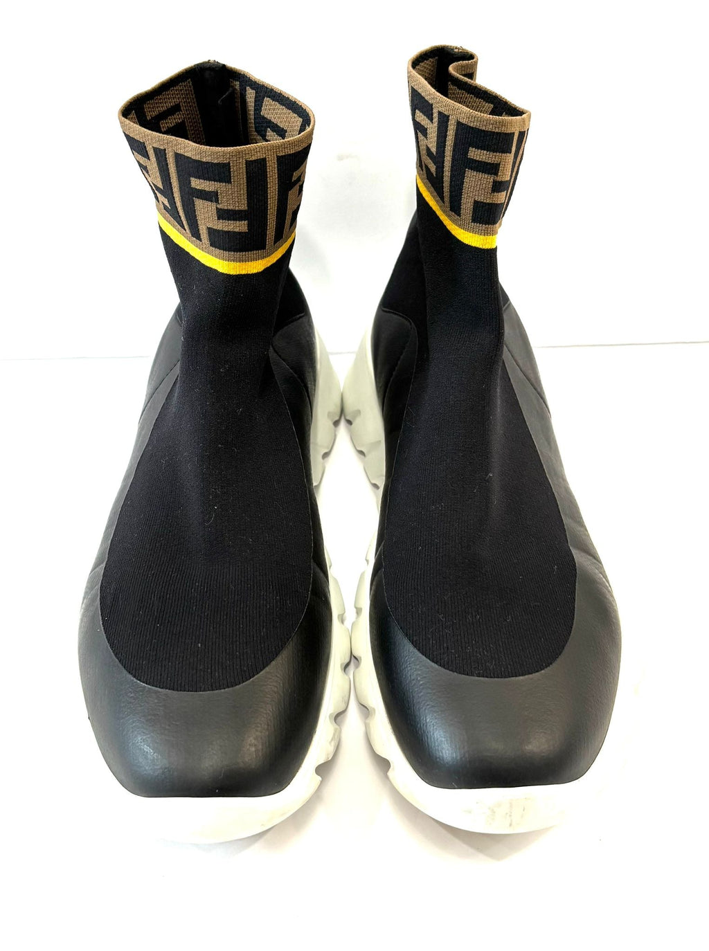 FENDI FF KNIT SOCK & LEATHER HIGH TOP SNEAKERS