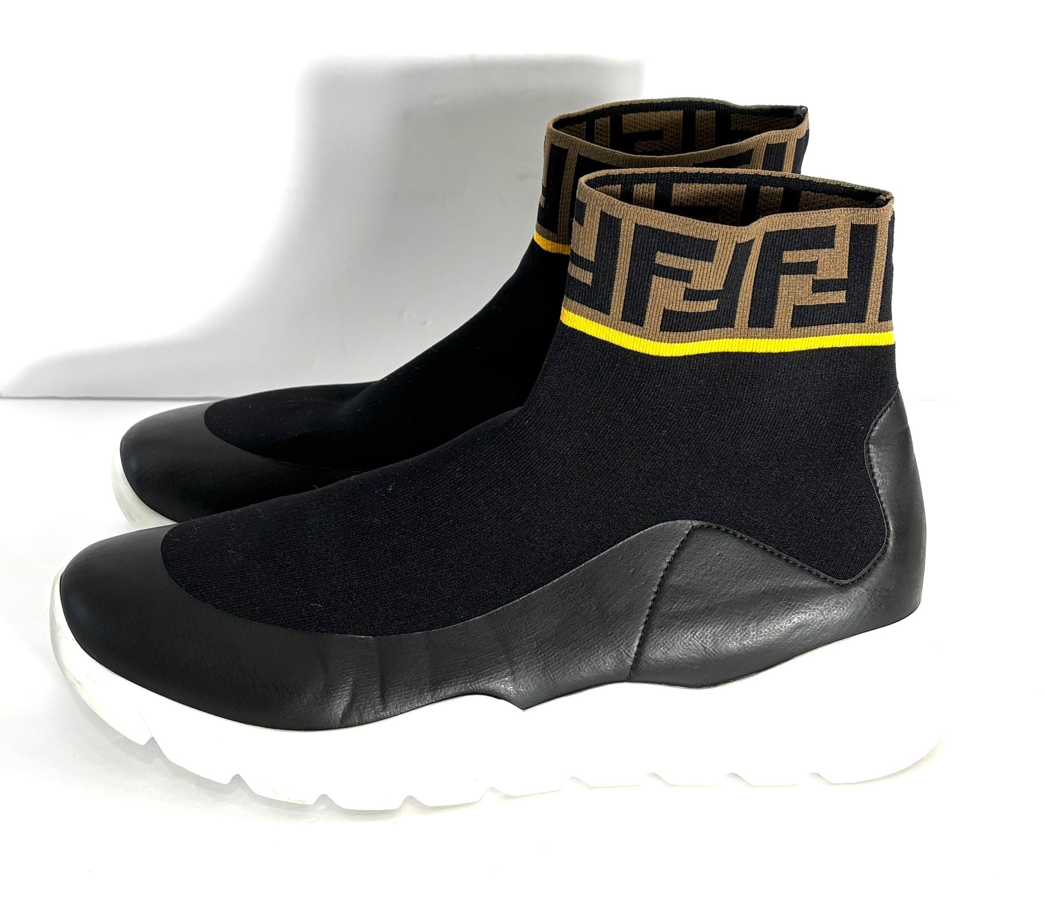 FENDI FF KNIT SOCK & LEATHER HIGH TOP SNEAKERS