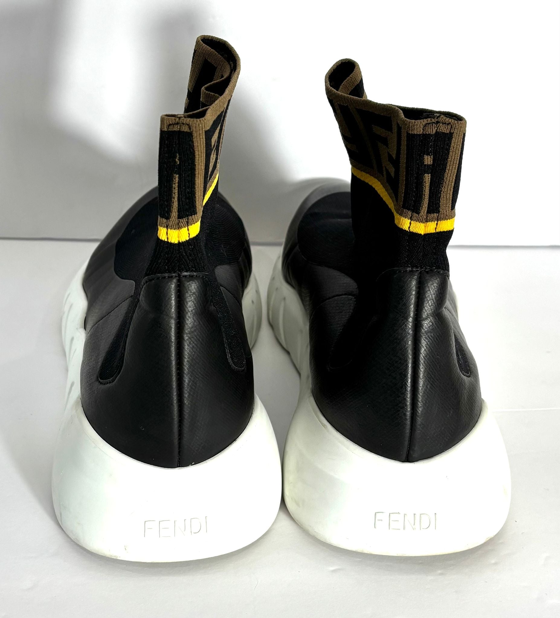 FENDI FF KNIT SOCK & LEATHER HIGH TOP SNEAKERS