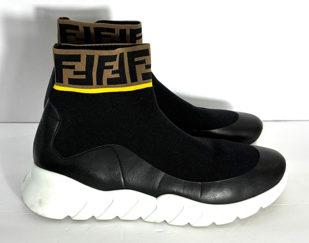 FENDI FF KNIT SOCK & LEATHER HIGH TOP SNEAKERS