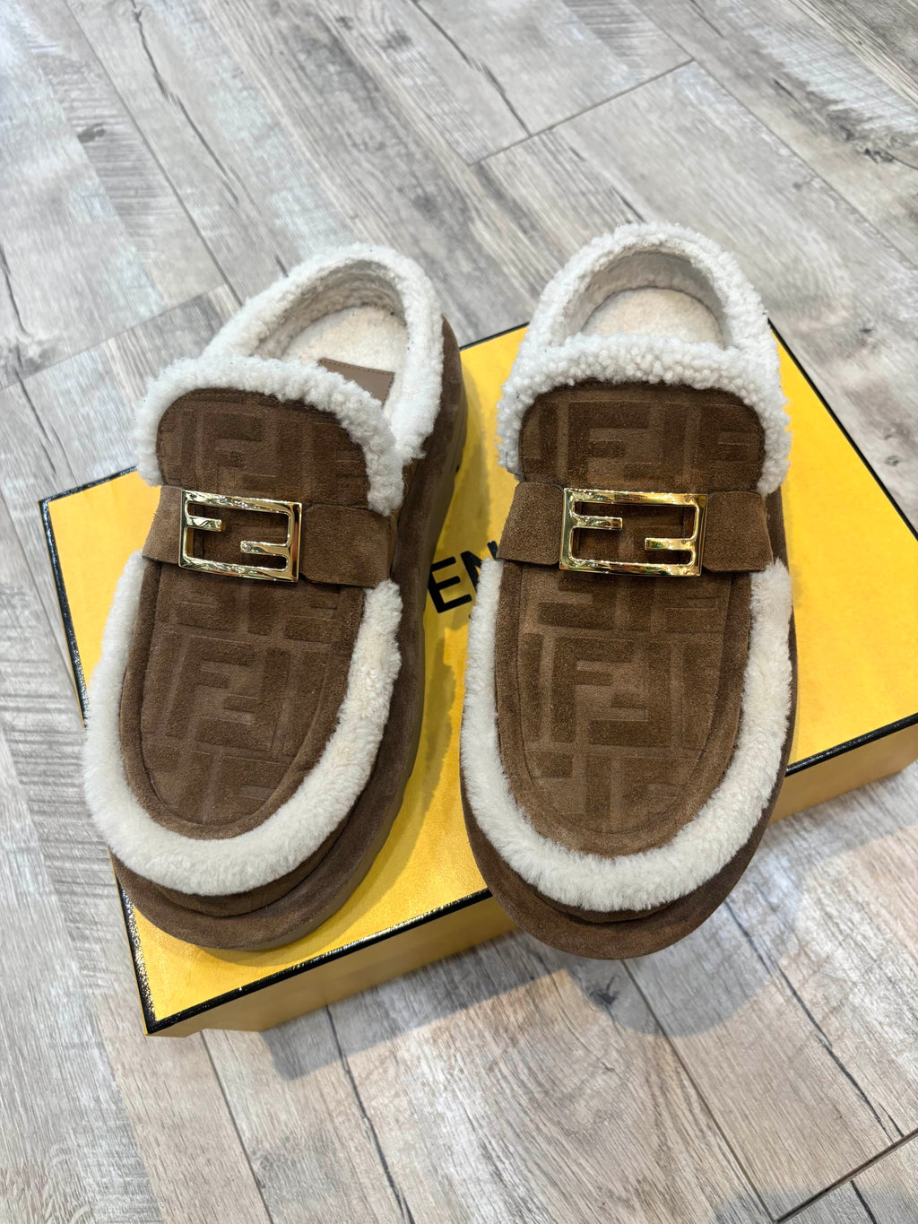 FENDI WOMEN'S APRES CHIC FF SHEARLING LINED MULES