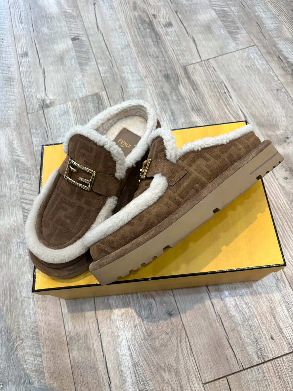 FENDI WOMEN'S APRES CHIC FF SHEARLING LINED MULES