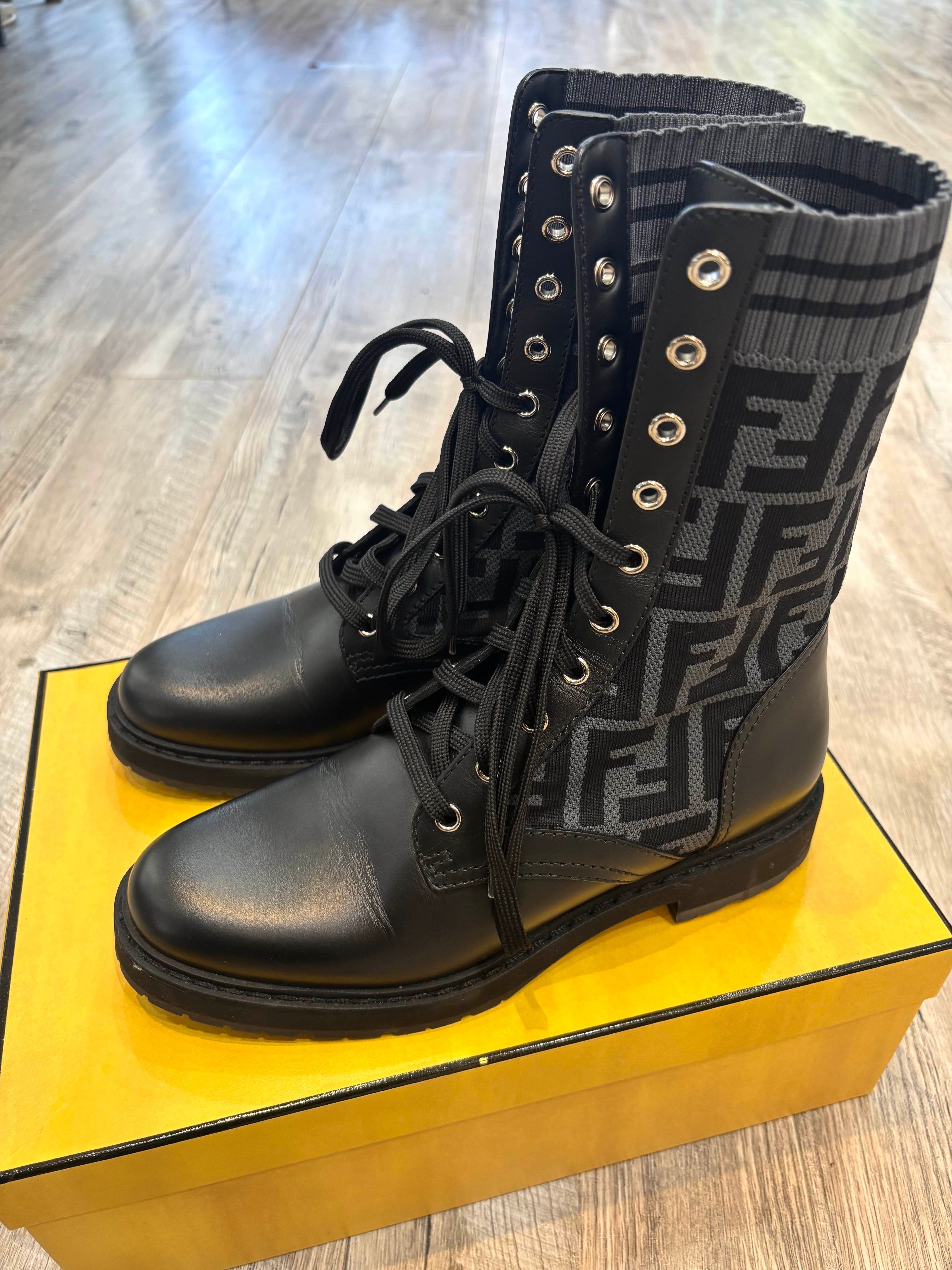 FENDI FF ZUCCA ROCKOKO LEATHER & KNIT COMBAT BOOTS