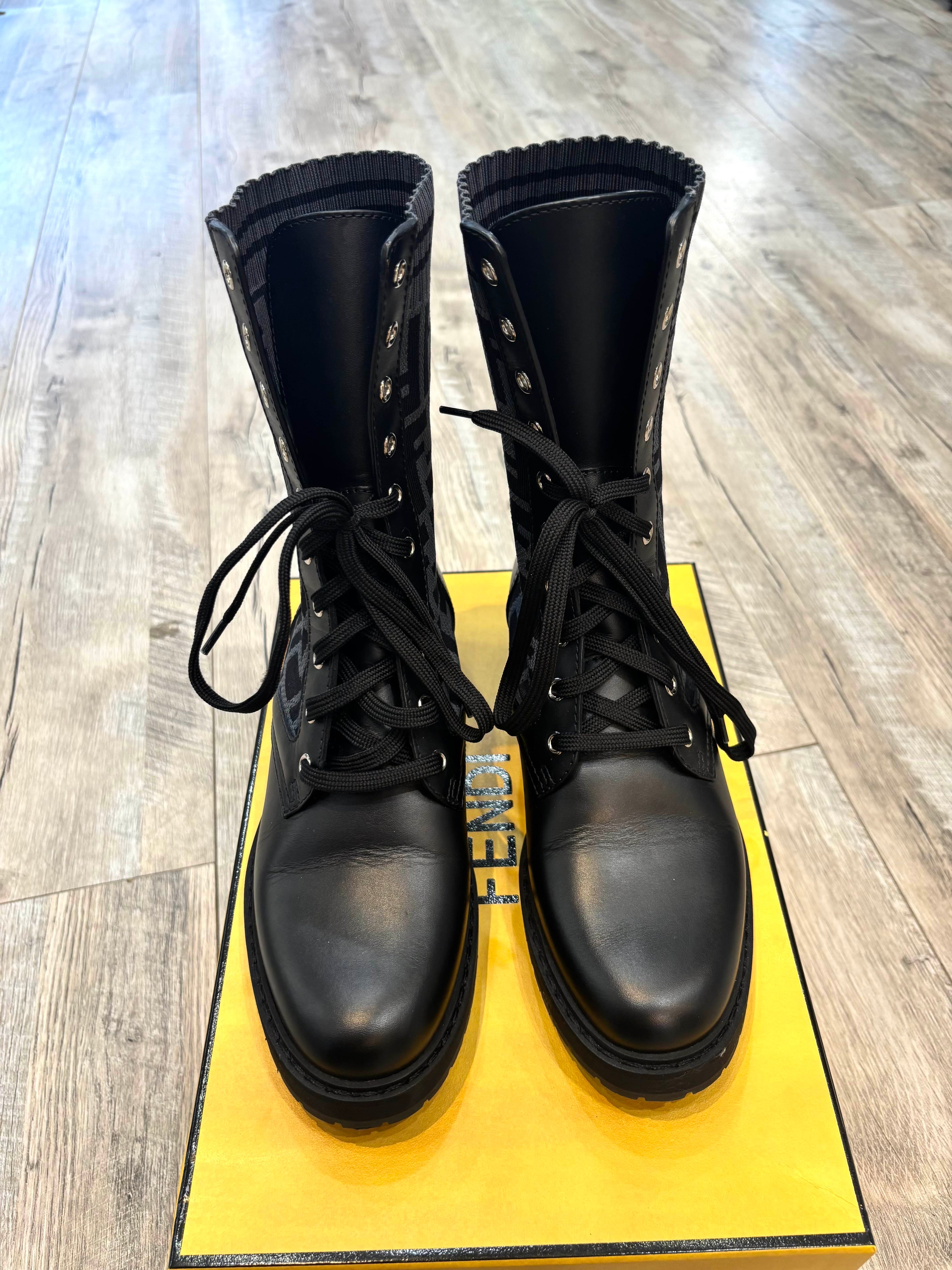 FENDI FF ZUCCA ROCKOKO LEATHER & KNIT COMBAT BOOTS