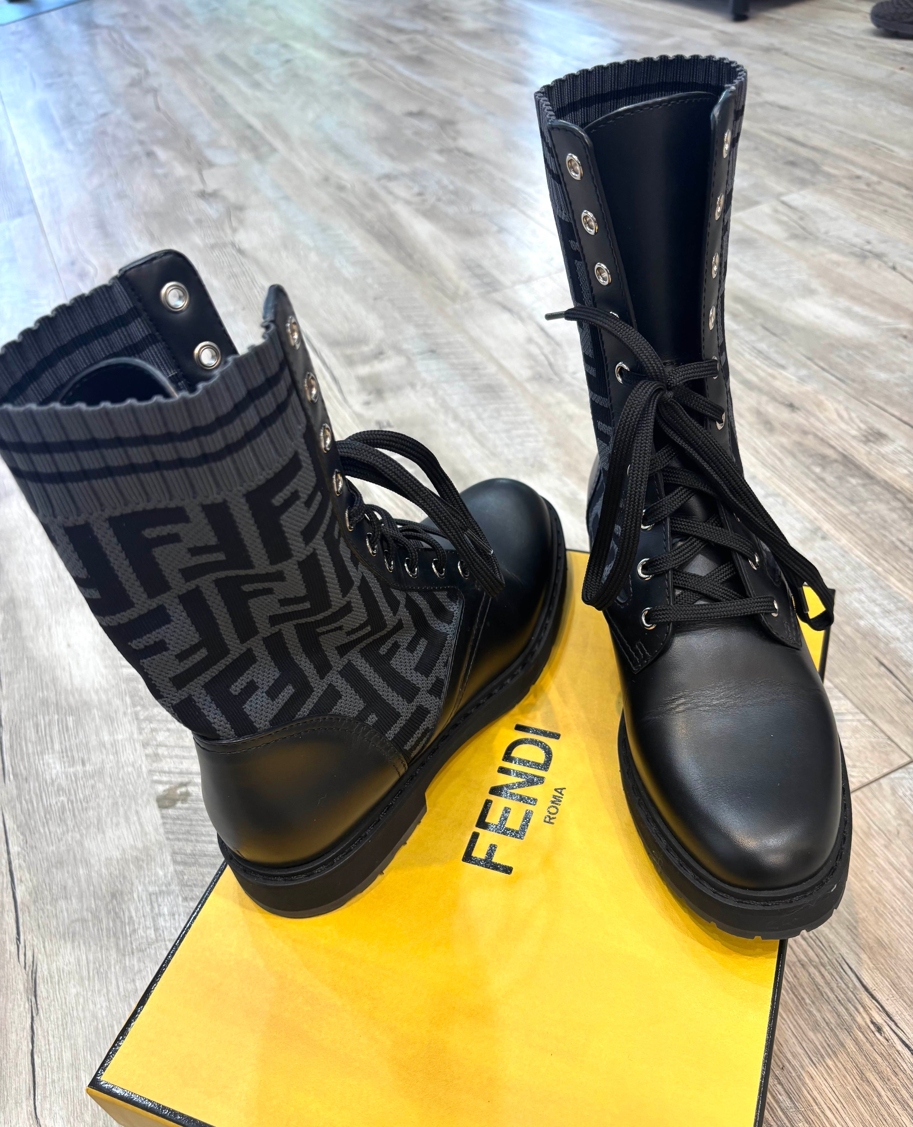 FENDI FF ZUCCA ROCKOKO LEATHER & KNIT COMBAT BOOTS