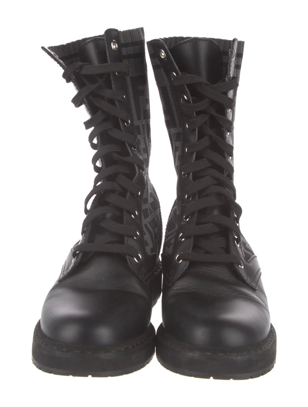 FENDI FF ZUCCA ROCKOKO LEATHER & KNIT COMBAT BOOTS