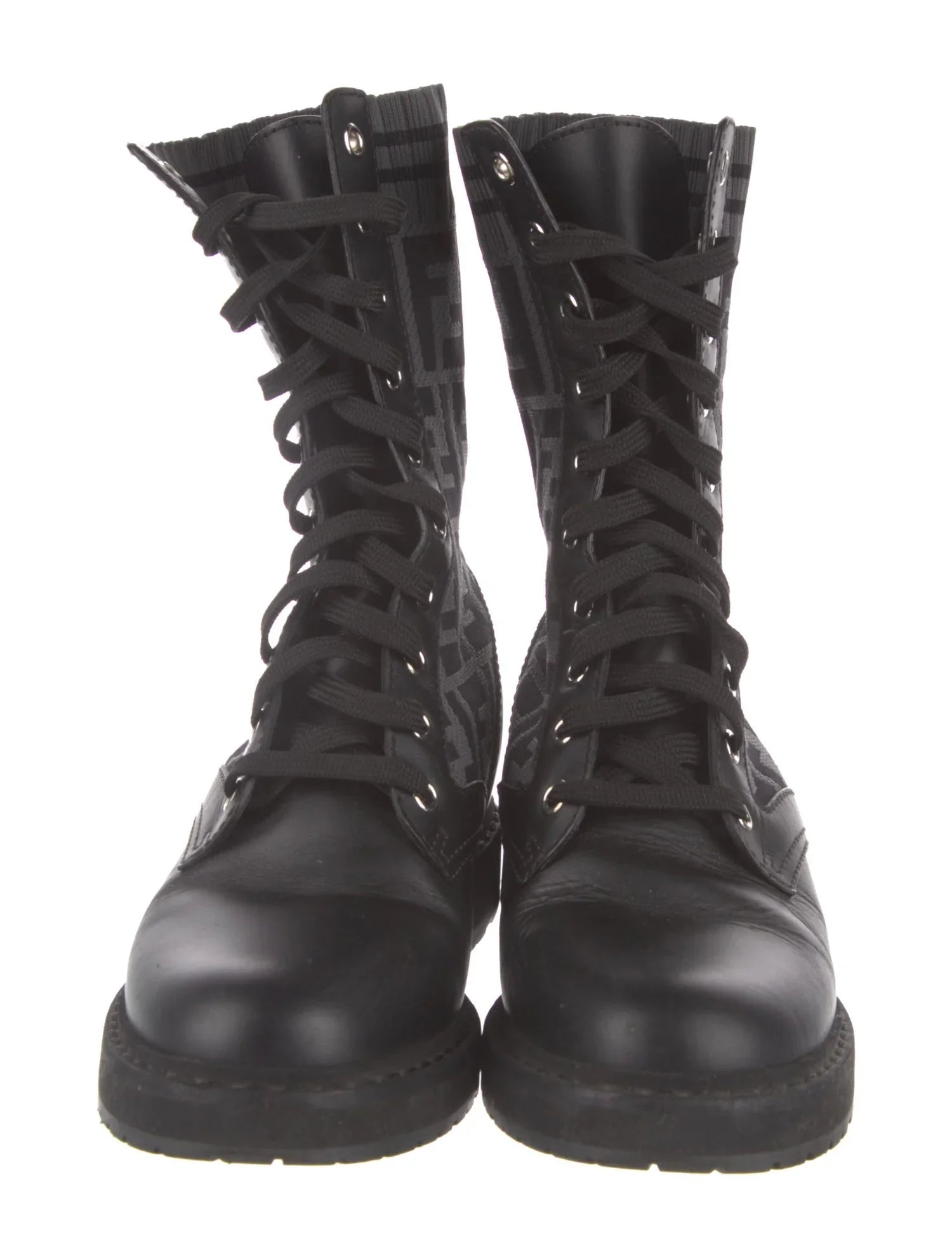 FENDI FF ZUCCA ROCKOKO LEATHER & KNIT COMBAT BOOTS