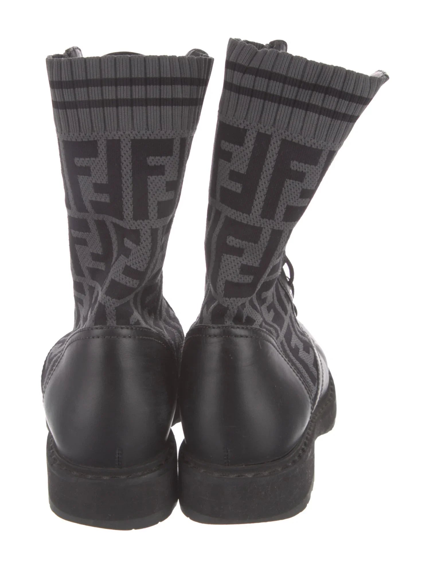 FENDI FF ZUCCA ROCKOKO LEATHER & KNIT COMBAT BOOTS